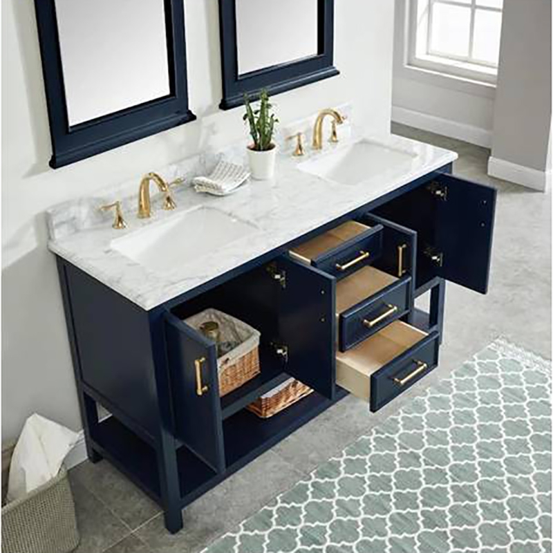 Solid Wood + Nature Marble Modern Blue Bathroom Vanity 30 Inch With 3 drewers and 4 doors
